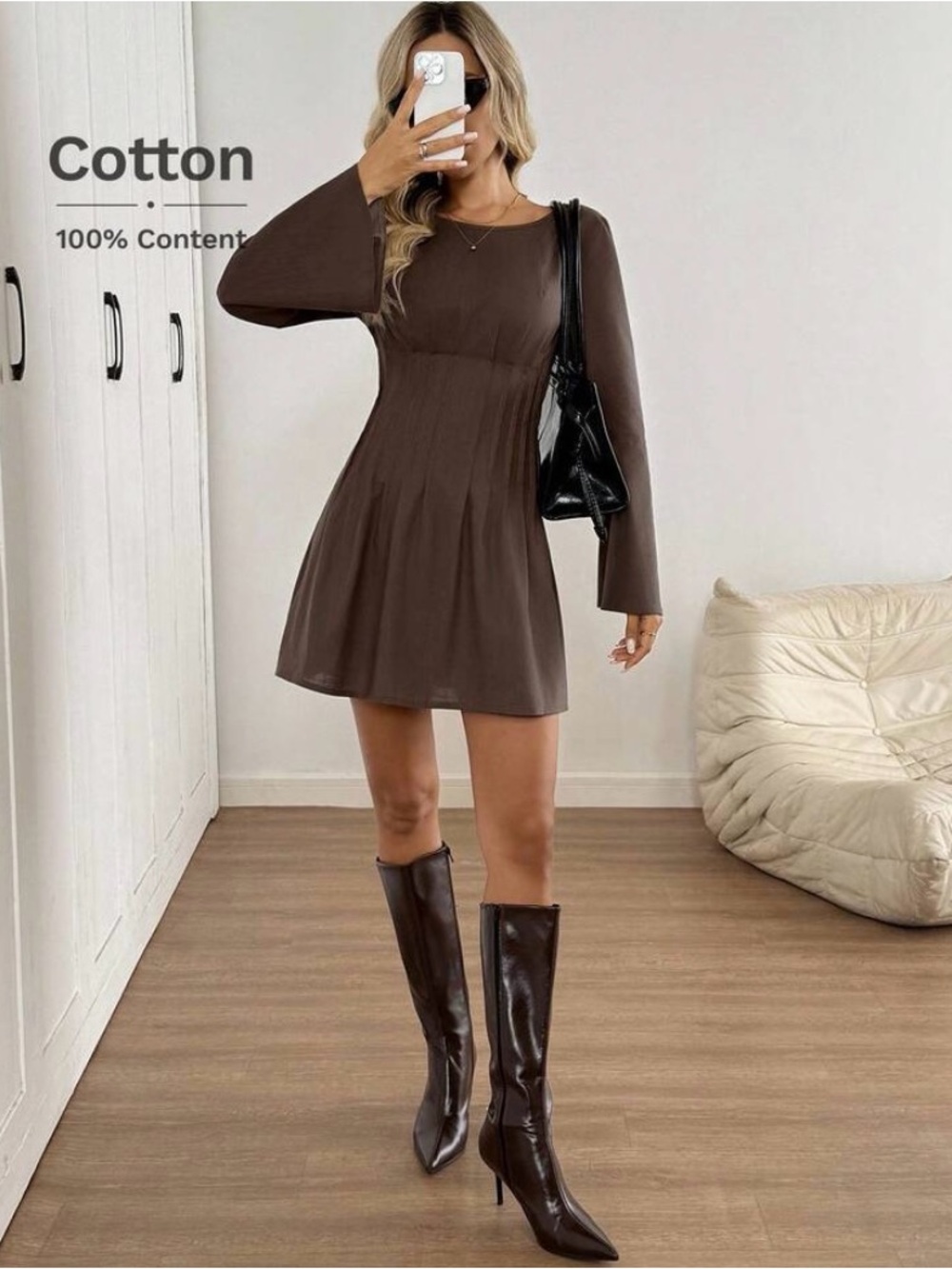 Classic Brown Flared Long-Sleeve Cotton Mini Dress